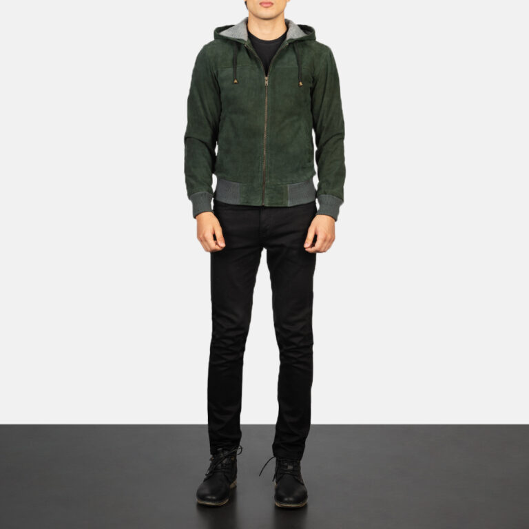 Mens Nintenzo Green Hooded Suede Jacket Full Length-2-1634135056991